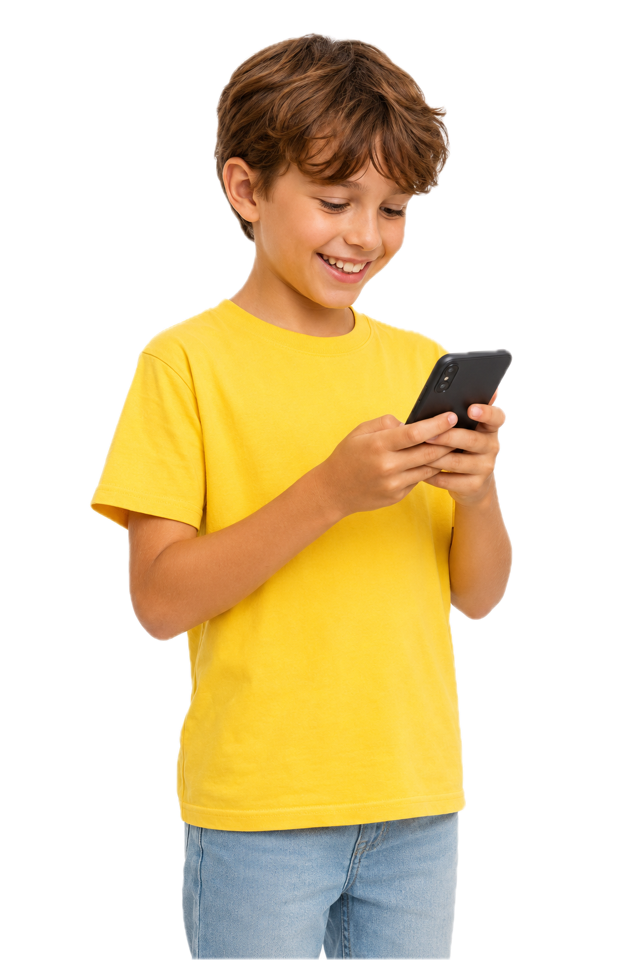 A smiling boy playing a money quiz on his phone